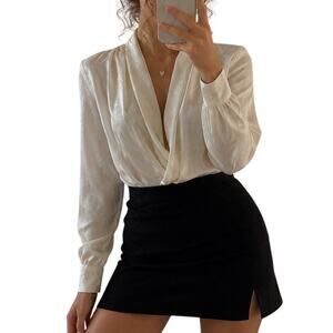 Vintage Ivory Satin Draped Ruffle Blouse Euro Parisian Chic Romantic Coquette